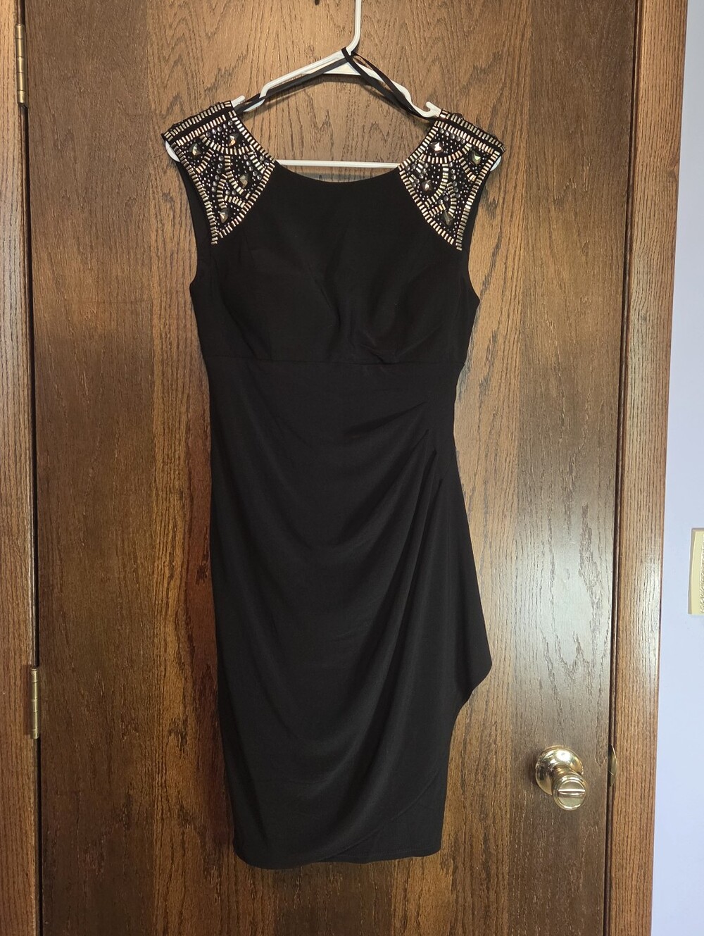 Xscape Black Midi Dress with Beaded Cap Shoulders